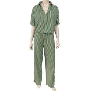 Zara Top and Pants Set Women Small Green Stripe Linen Blend Button Up Wide Leg